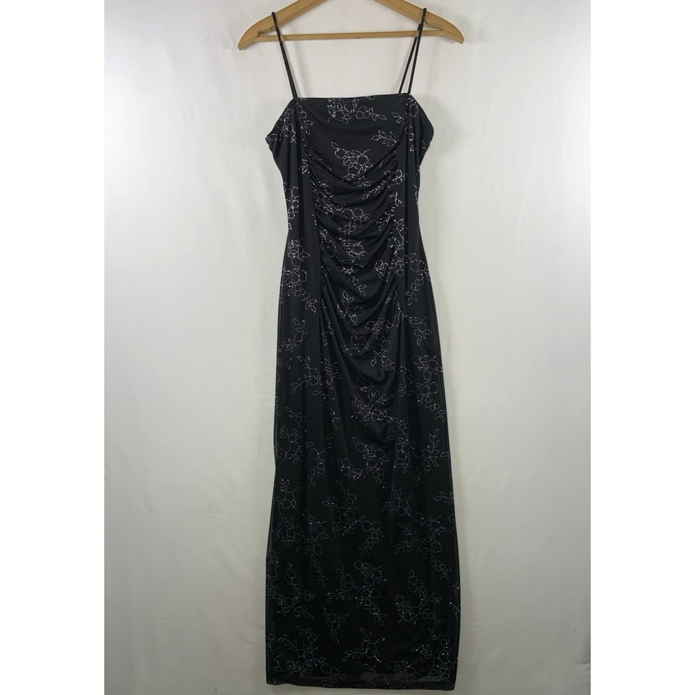 VTG 90s Taboo Y2K Bodycon Ruched Maxi Dress Sz M Black Glitter Square Neck USA